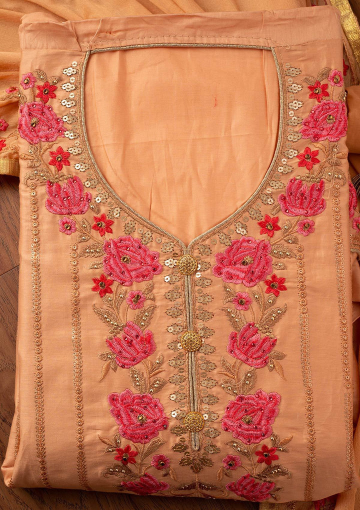 Peach Threadwork Cotton Designer Semi-Stitched Salwar Suit - koskii