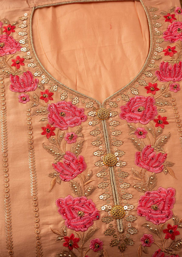 Peach Threadwork Cotton Designer Semi-Stitched Salwar Suit - koskii