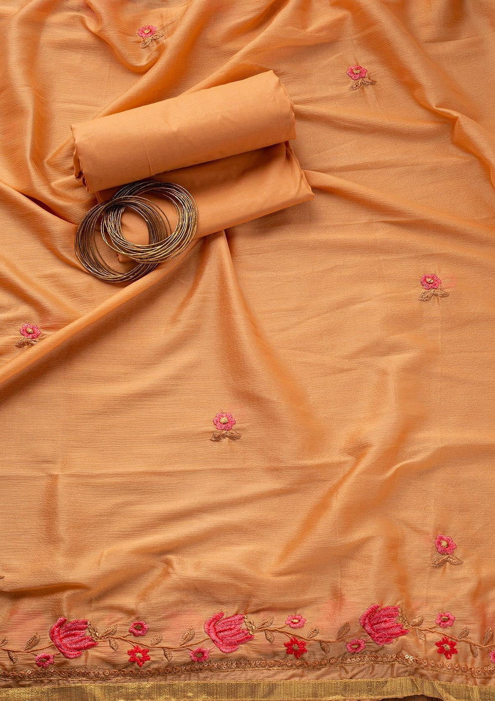 Peach Threadwork Cotton Designer Semi-Stitched Salwar Suit - koskii