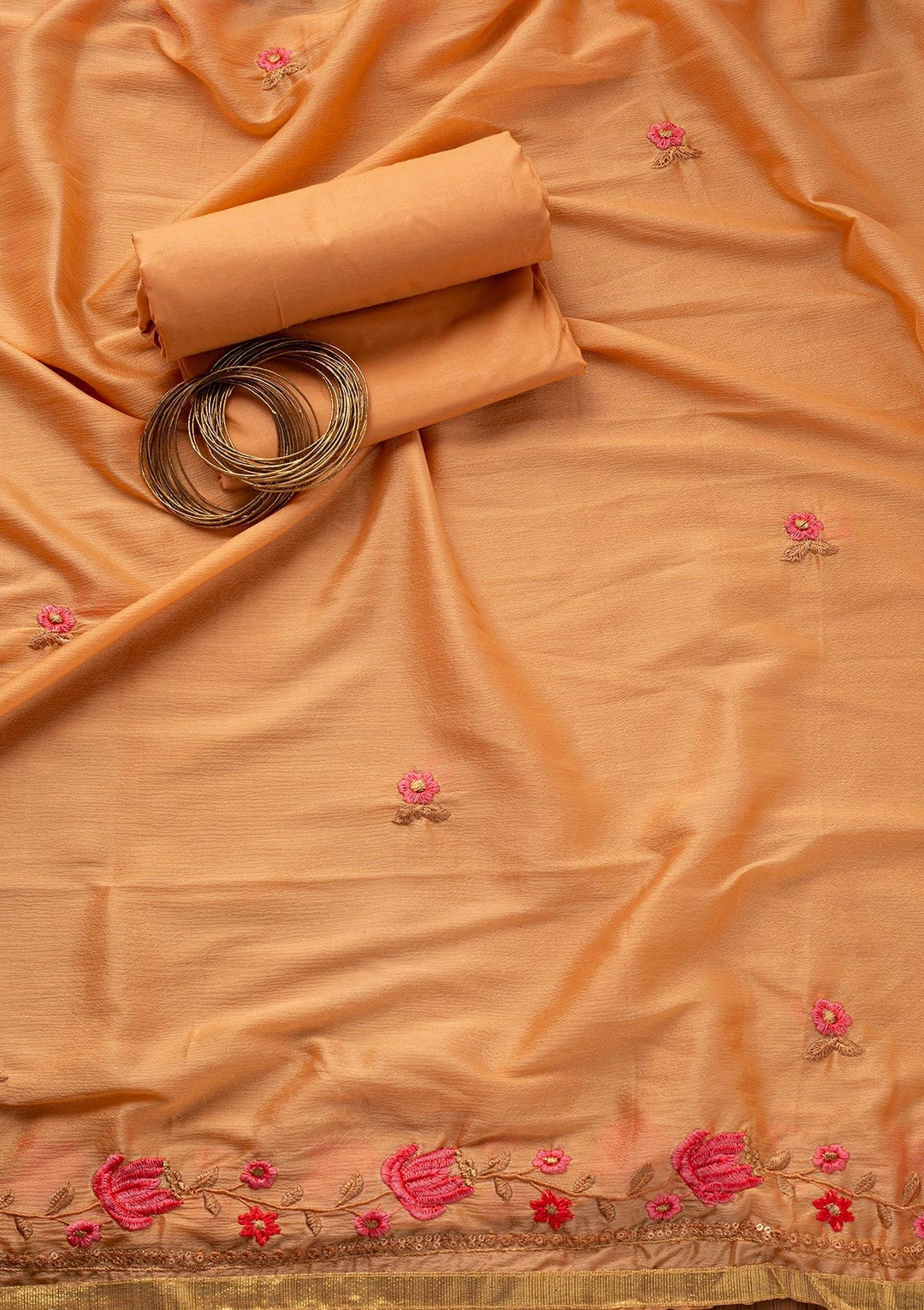 Peach Threadwork Cotton Designer Semi-Stitched Salwar Suit - koskii