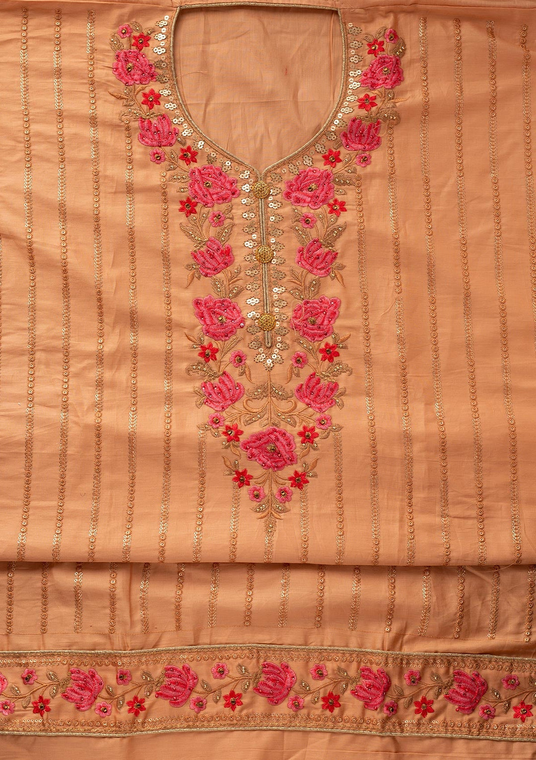 Peach Threadwork Cotton Designer Semi-Stitched Salwar Suit - koskii