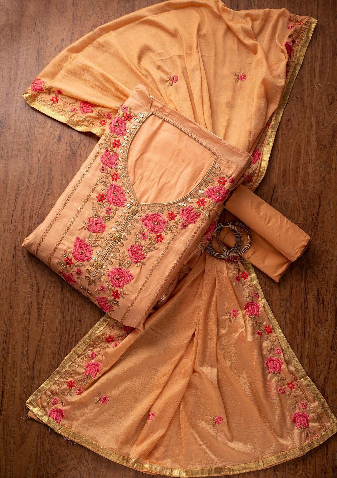 Peach Threadwork Cotton Designer Semi-Stitched Salwar Suit - koskii