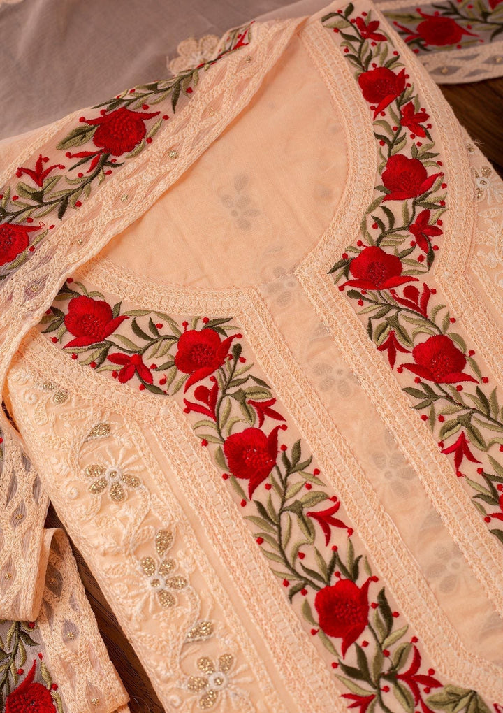 Peach Threadwork Georgette Designer Unstitched Salwar Suit - koskii