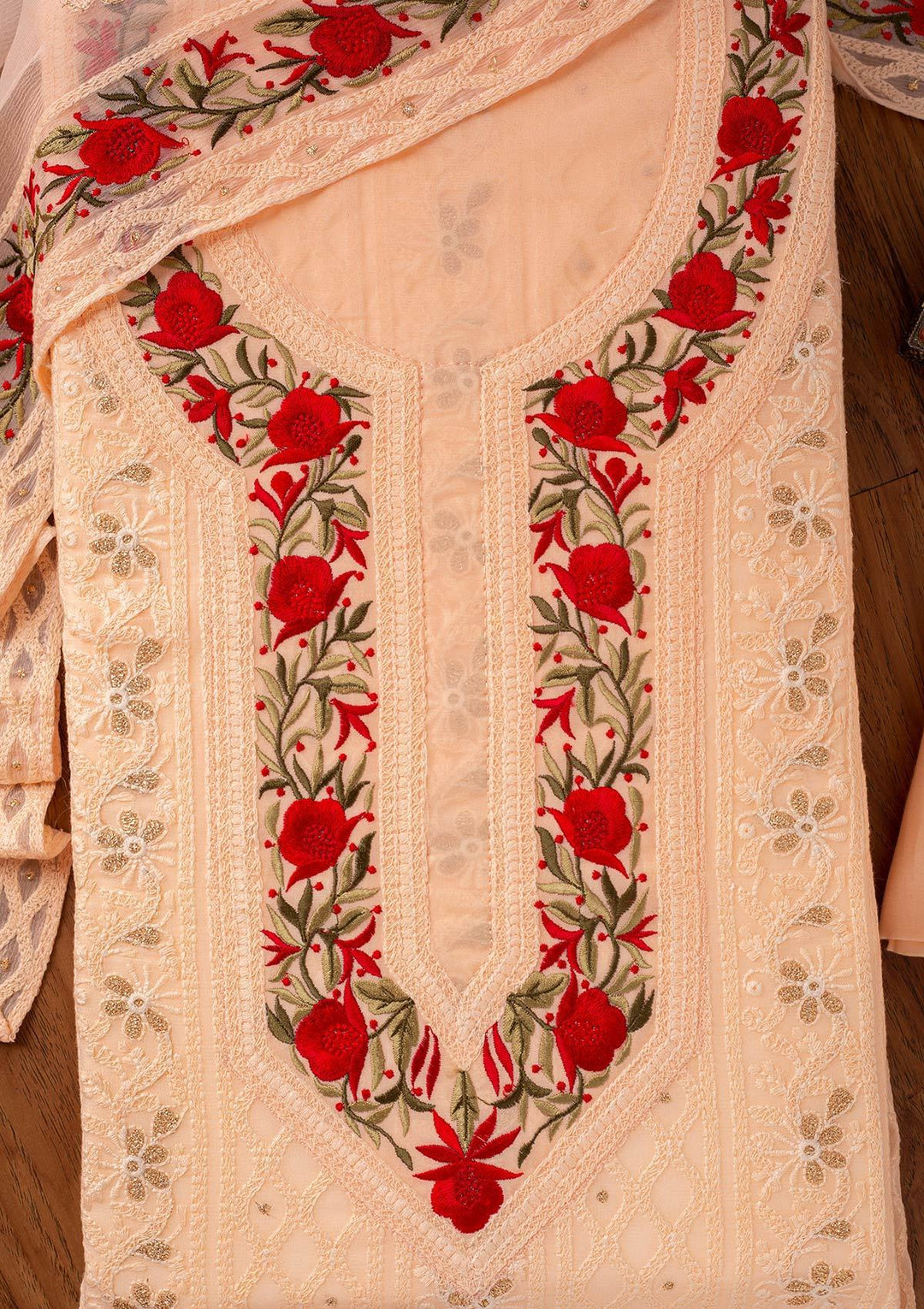 Peach Threadwork Georgette Designer Unstitched Salwar Suit - koskii