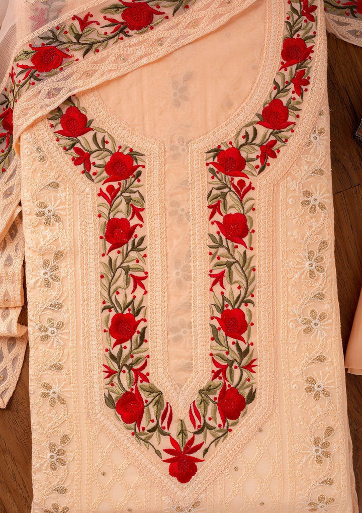 Peach Threadwork Georgette Designer Unstitched Salwar Suit - koskii