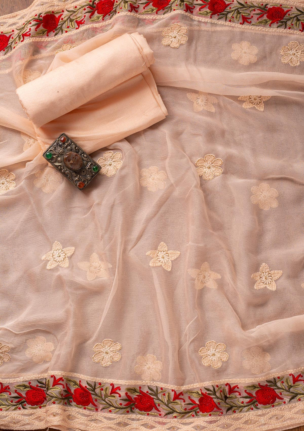 Peach Threadwork Georgette Designer Unstitched Salwar Suit - koskii