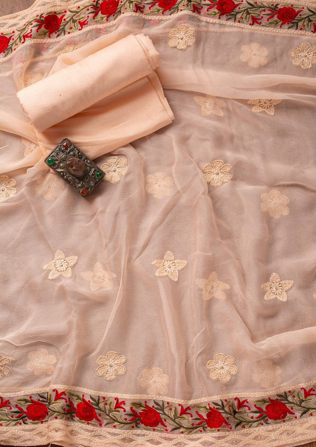 Peach Threadwork Georgette Designer Unstitched Salwar Suit - koskii