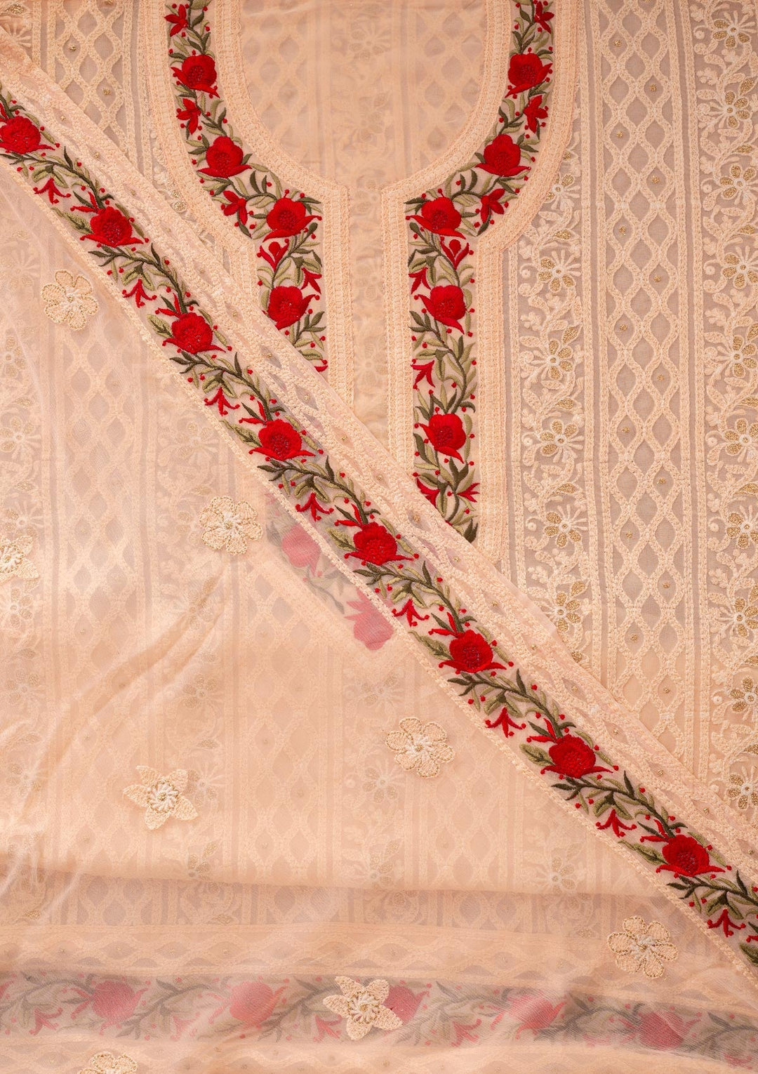 Peach Threadwork Georgette Designer Unstitched Salwar Suit - koskii