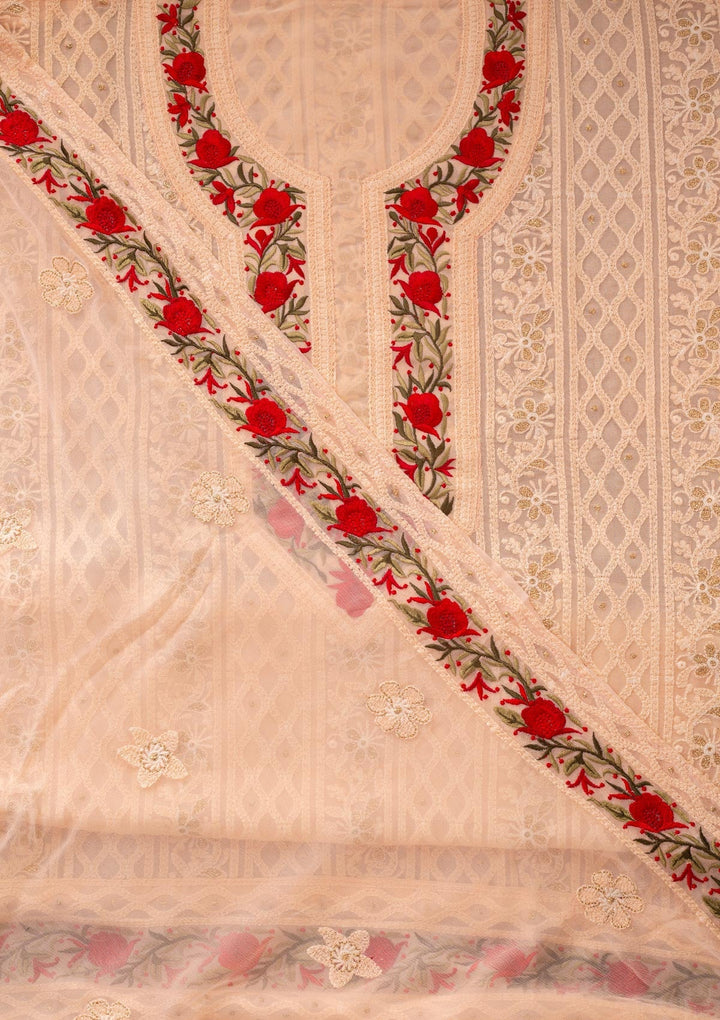 Peach Threadwork Georgette Designer Unstitched Salwar Suit - koskii