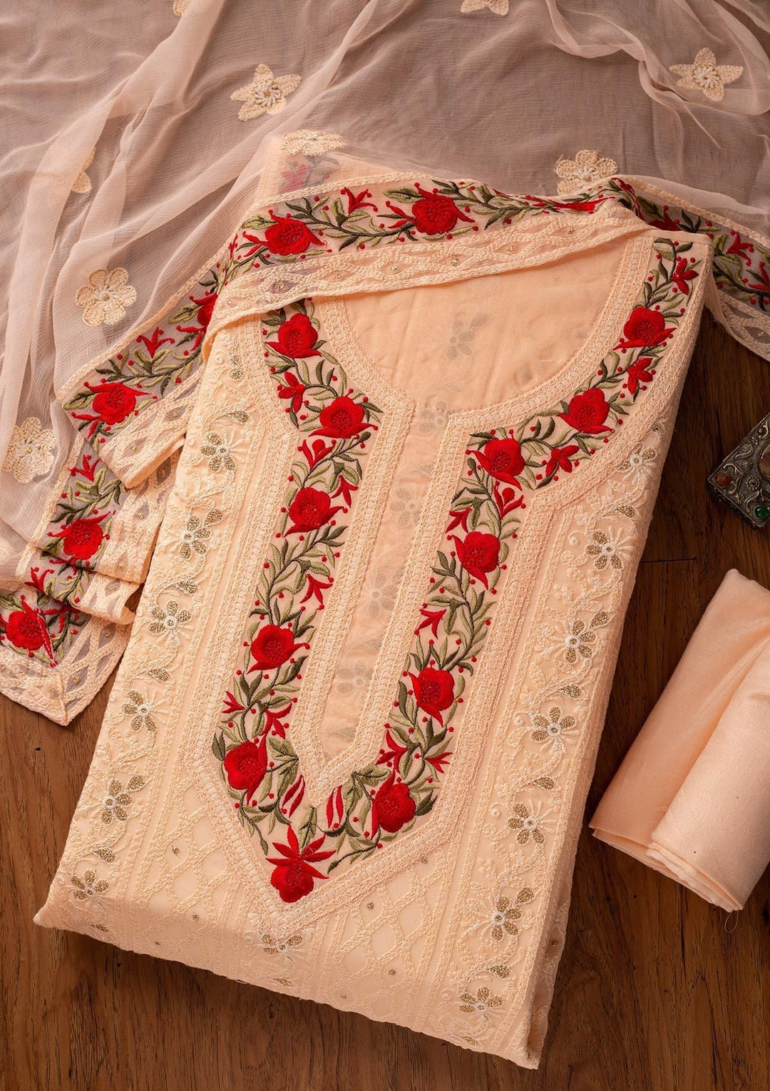 Peach Threadwork Georgette Designer Unstitched Salwar Suit - koskii