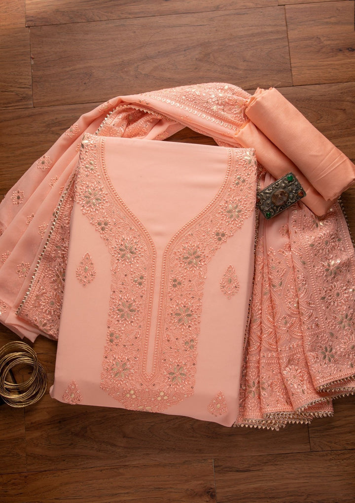 Peach Threadwork Georgette Designer Unstitched Salwar Suit - koskii