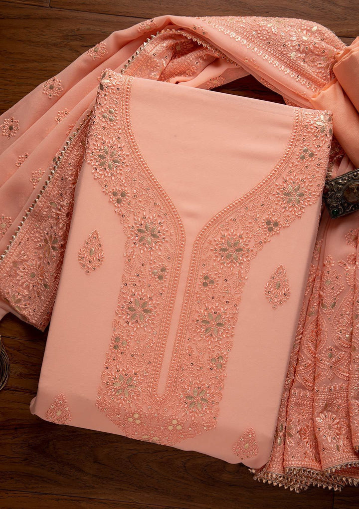 Peach Threadwork Georgette Designer Unstitched Salwar Suit - koskii