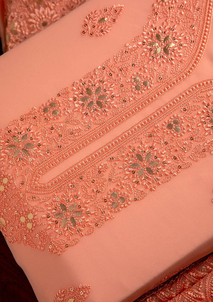 Peach Threadwork Georgette Designer Unstitched Salwar Suit - koskii