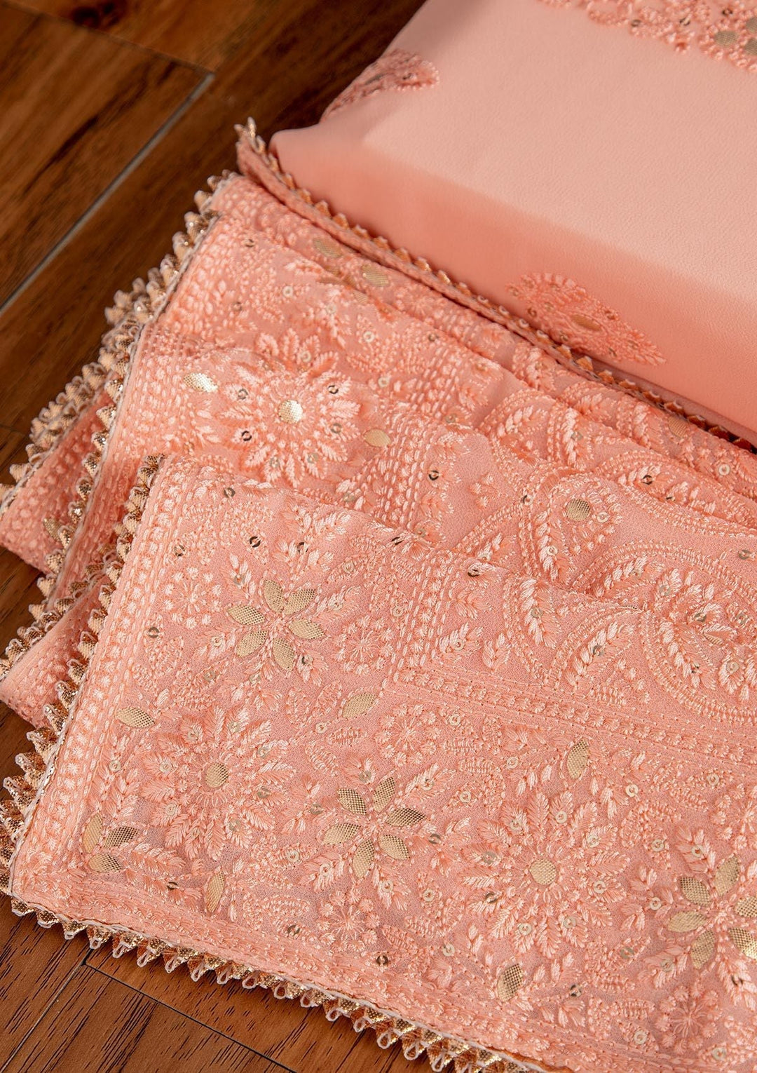 Peach Threadwork Georgette Designer Unstitched Salwar Suit - koskii