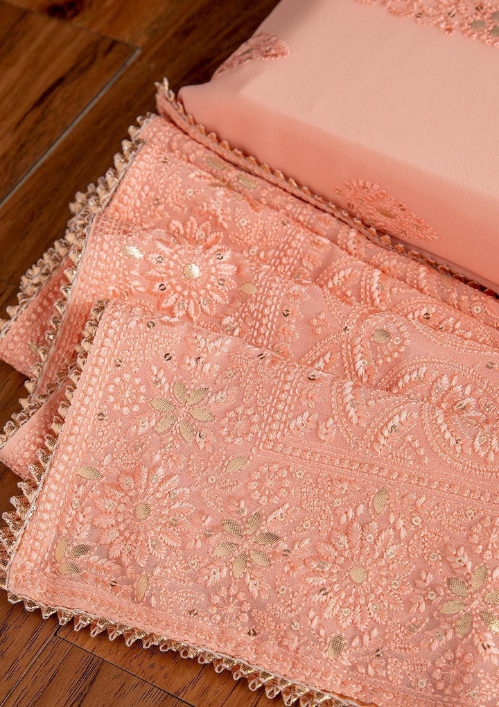 Peach Threadwork Georgette Designer Unstitched Salwar Suit - koskii