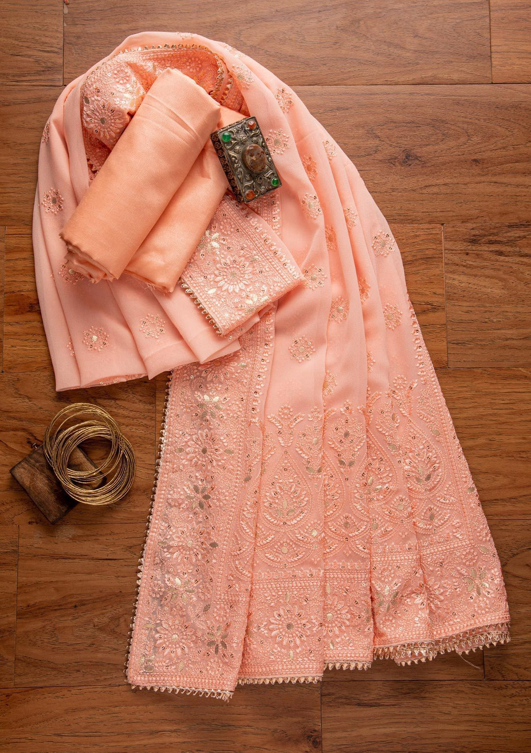 Peach Threadwork Georgette Designer Unstitched Salwar Suit - koskii