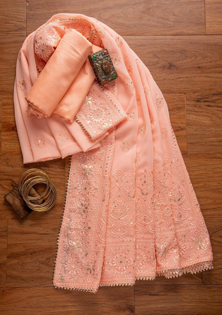 Peach Threadwork Georgette Designer Unstitched Salwar Suit - koskii