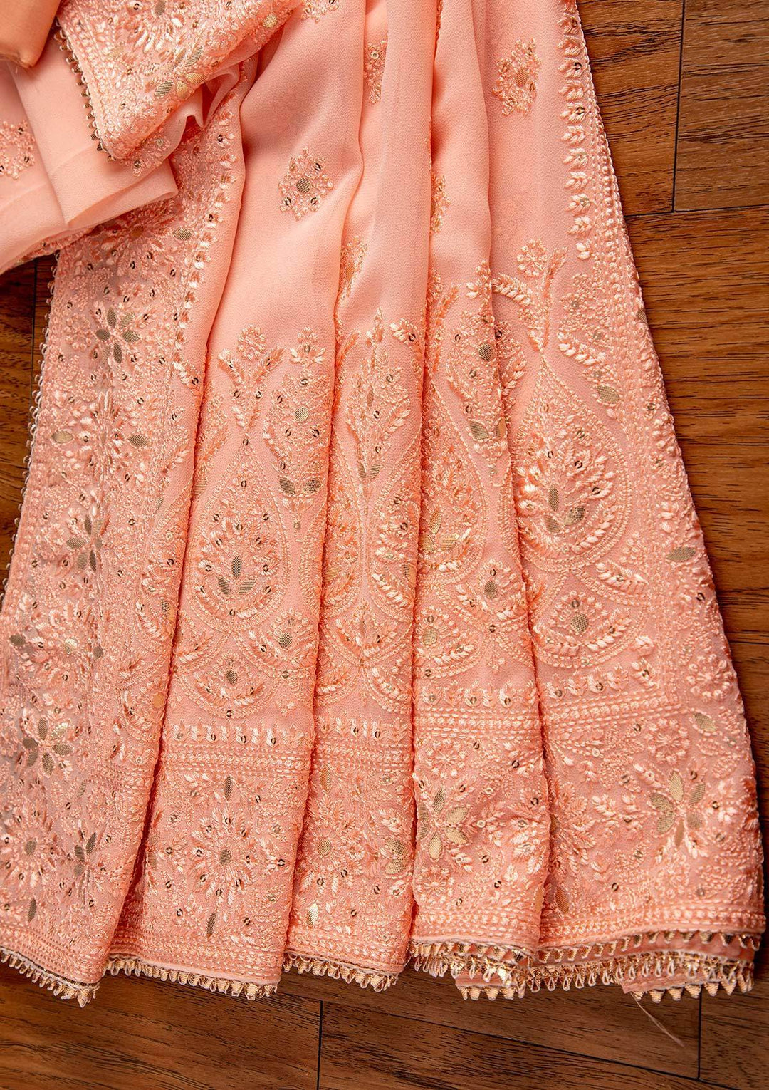 Peach Threadwork Georgette Designer Unstitched Salwar Suit - koskii