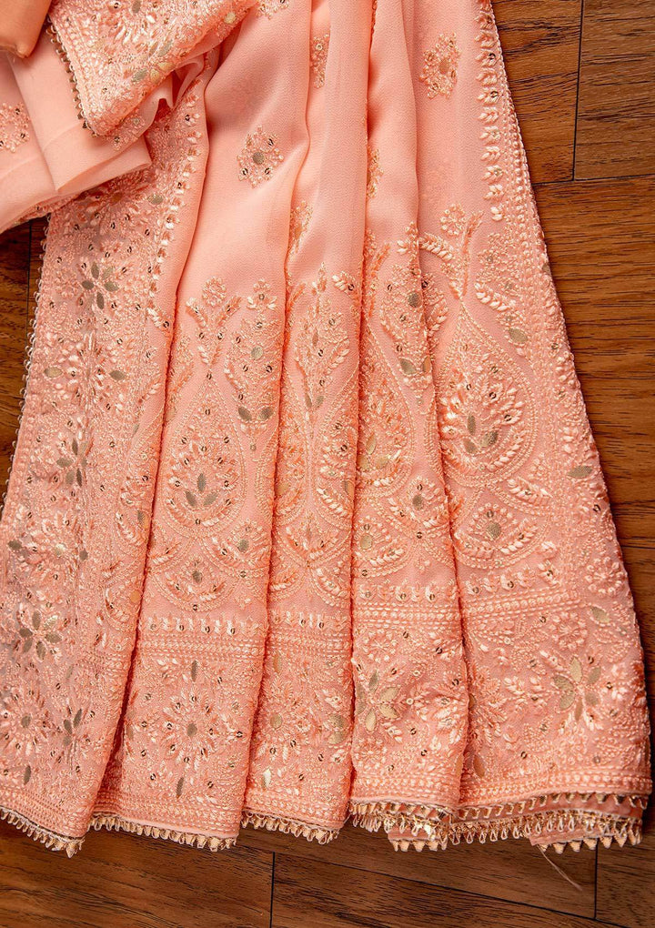 Peach Threadwork Georgette Designer Unstitched Salwar Suit - koskii