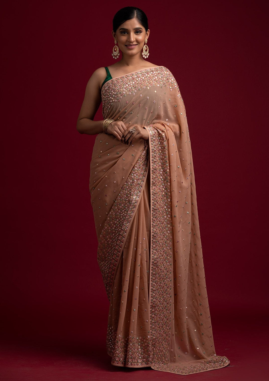 Peach Threadwork Georgette Designer Saree - koskii