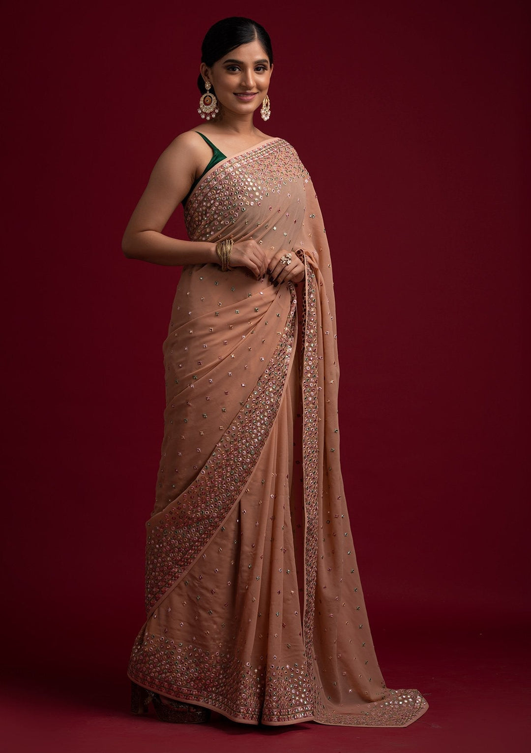 Peach Threadwork Georgette Designer Saree - koskii