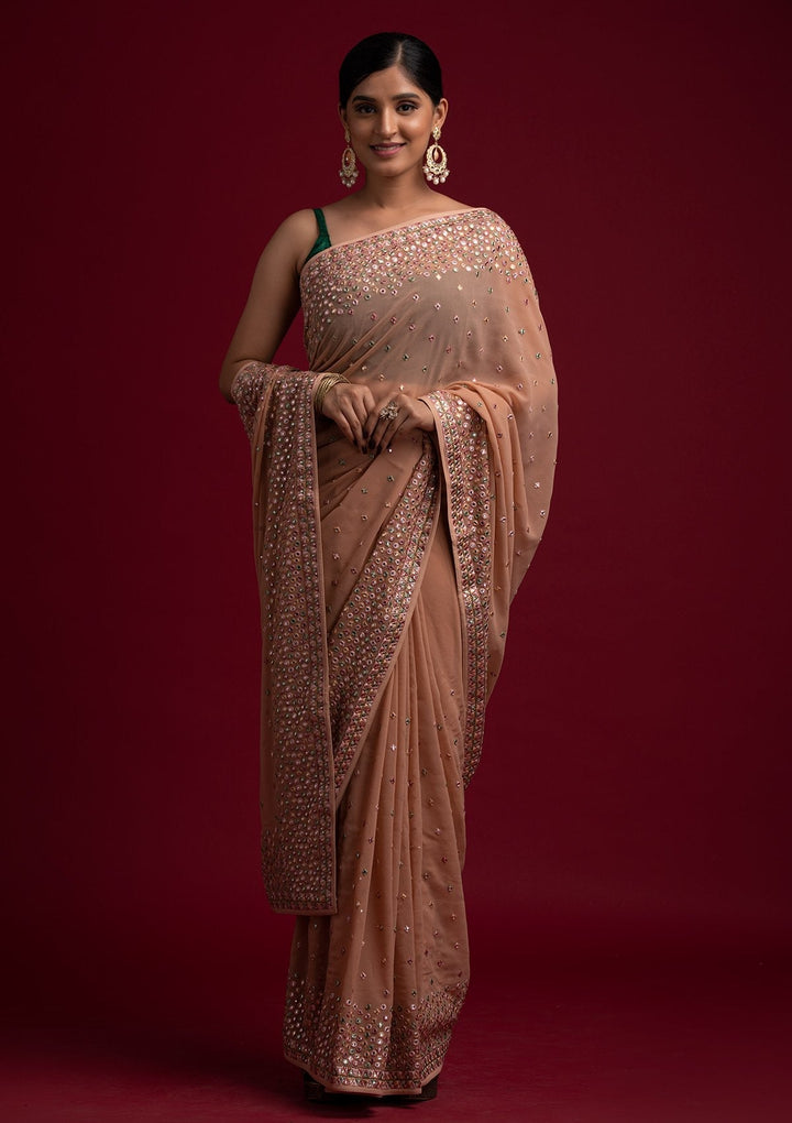 Peach Threadwork Georgette Designer Saree - koskii