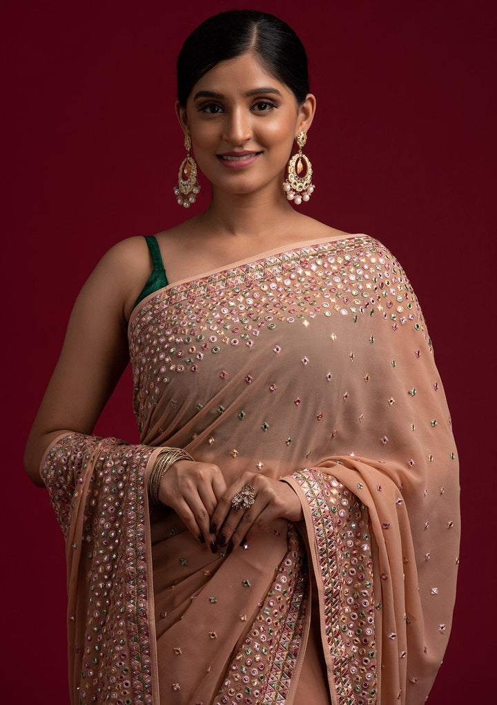 Peach Threadwork Georgette Designer Saree - koskii