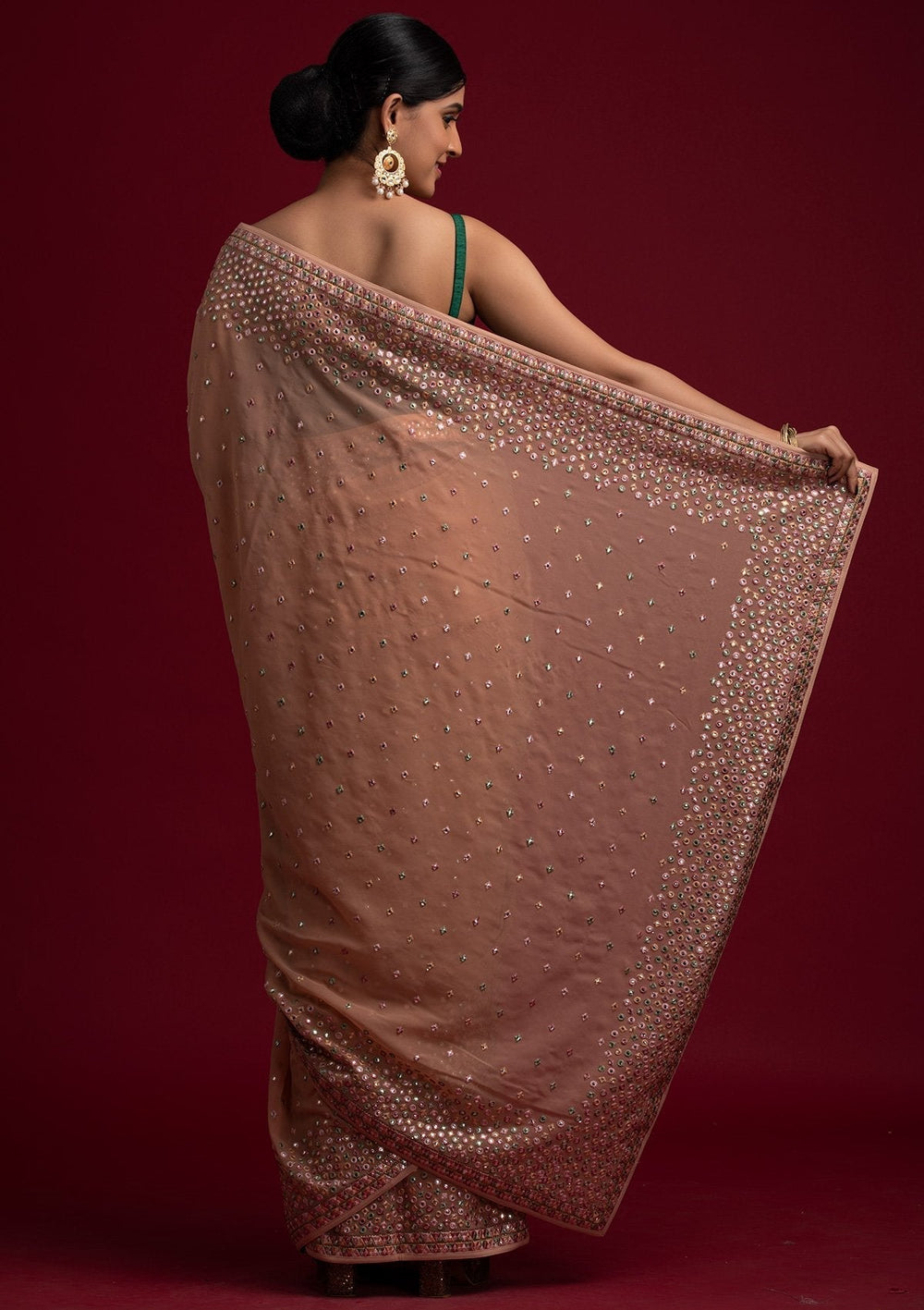 Peach Threadwork Georgette Designer Saree - koskii
