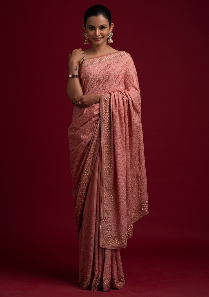Peach Threadwork Georgette Designer Saree - koskii