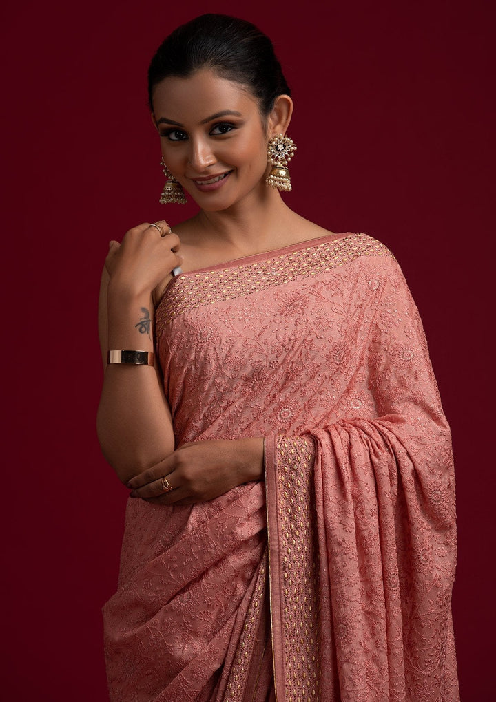 Peach Threadwork Georgette Designer Saree - koskii
