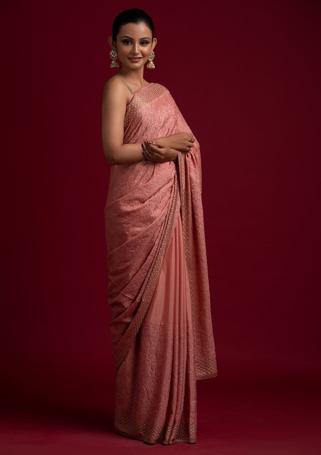 Peach Threadwork Georgette Designer Saree - koskii