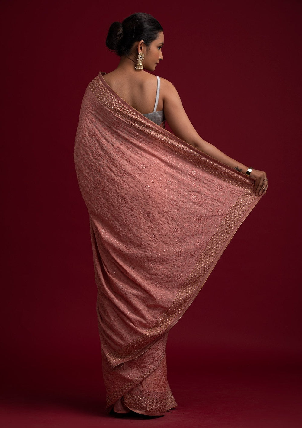 Peach Threadwork Georgette Designer Saree - koskii