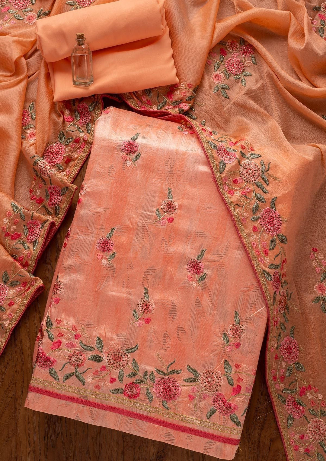 Peach Threadwork Satin Designer Unstitched Salwar Suit - koskii