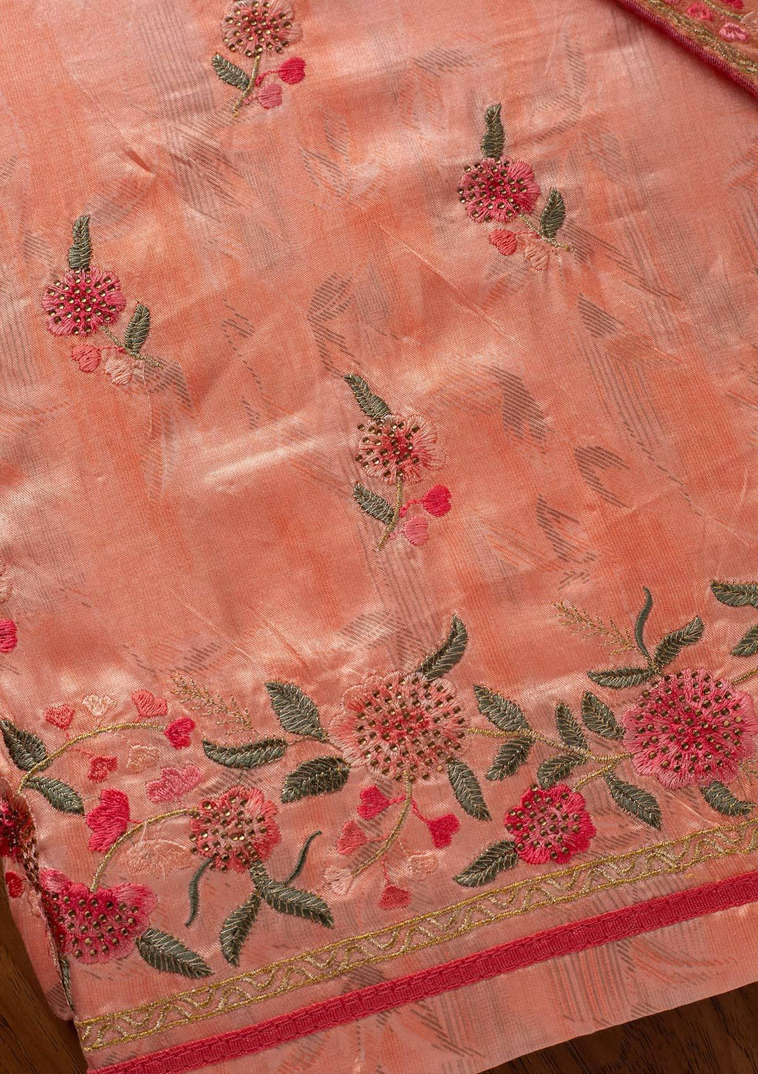 Peach Threadwork Satin Designer Unstitched Salwar Suit - koskii