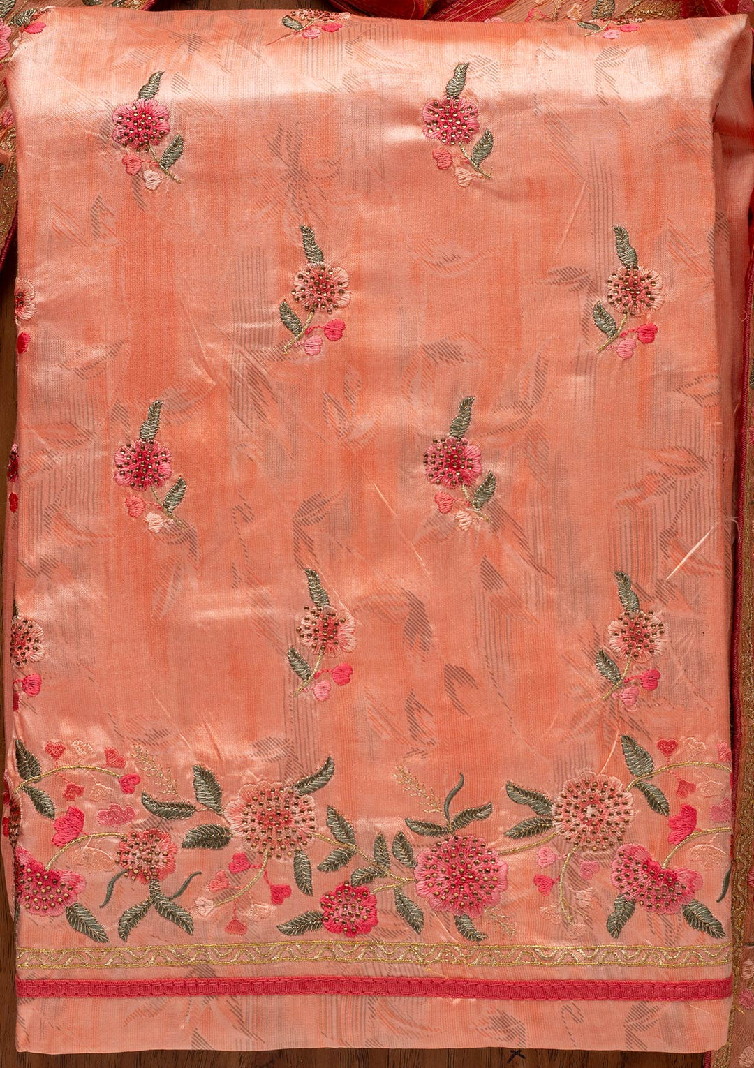 Peach Threadwork Satin Designer Unstitched Salwar Suit - koskii