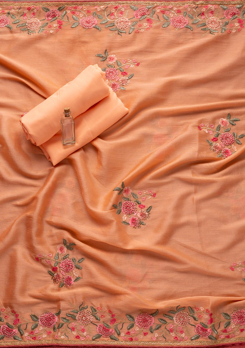 Peach Threadwork Satin Designer Unstitched Salwar Suit - koskii
