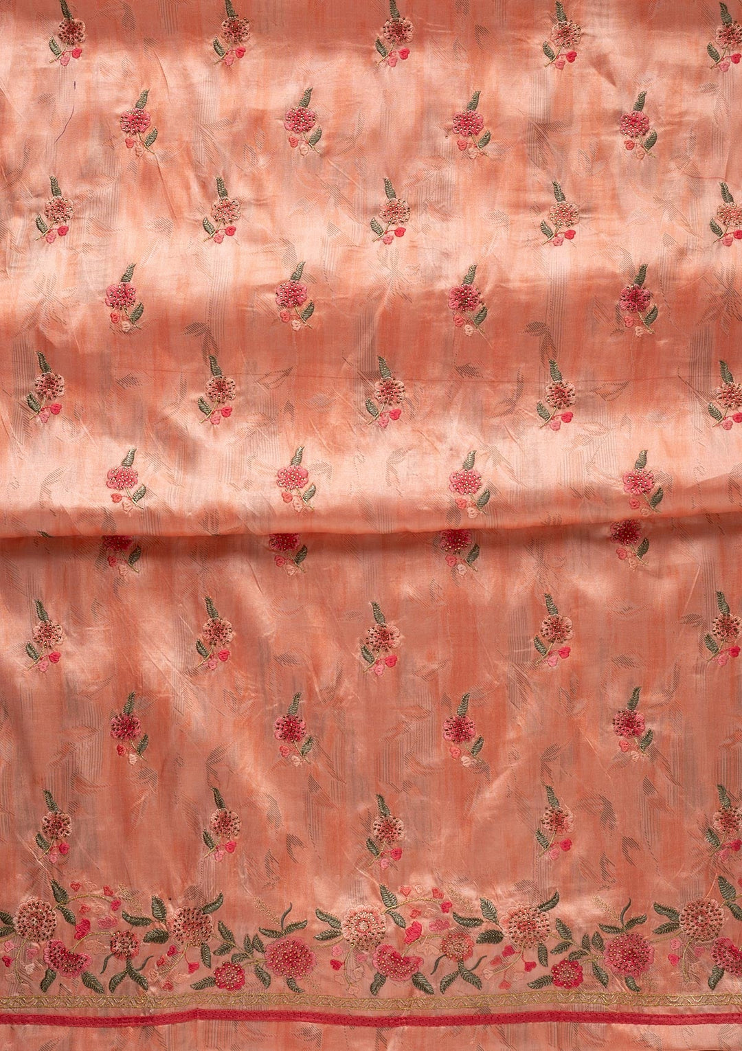 Peach Threadwork Satin Designer Unstitched Salwar Suit - koskii