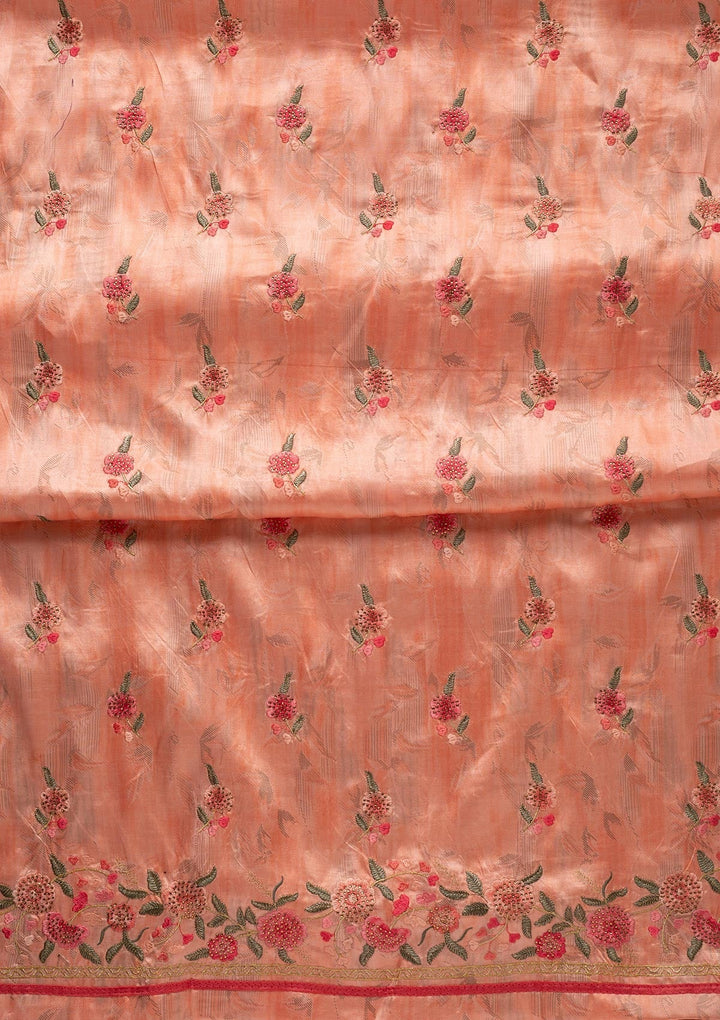 Peach Threadwork Satin Designer Unstitched Salwar Suit - koskii