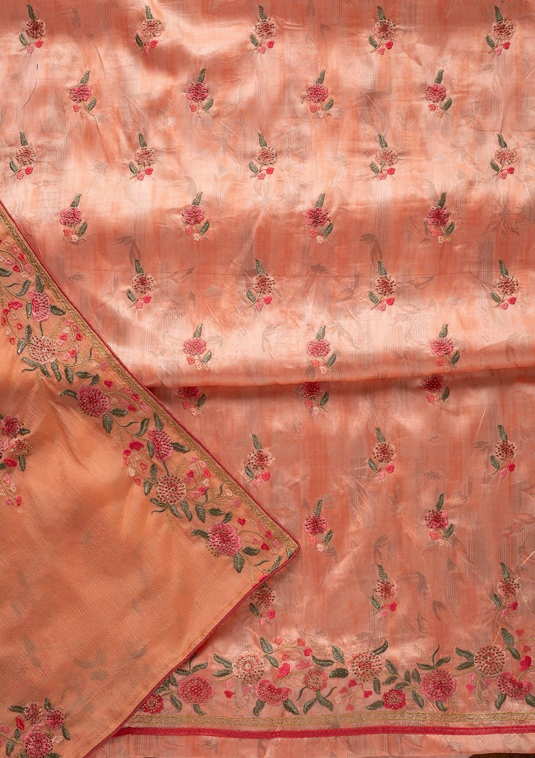 Peach Threadwork Satin Designer Unstitched Salwar Suit - koskii