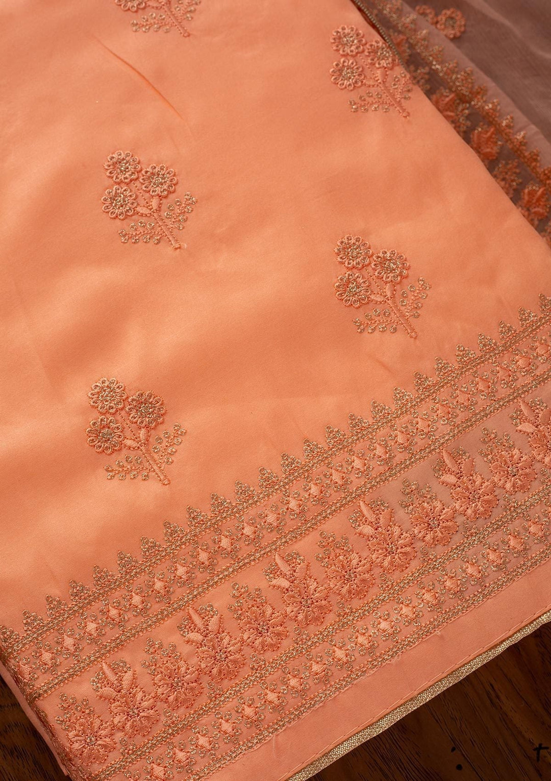 Peach Threadwork Semi Crepe Designer Unstitched Salwar Suit - koskii