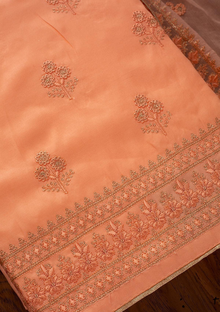 Peach Threadwork Semi Crepe Designer Unstitched Salwar Suit - koskii
