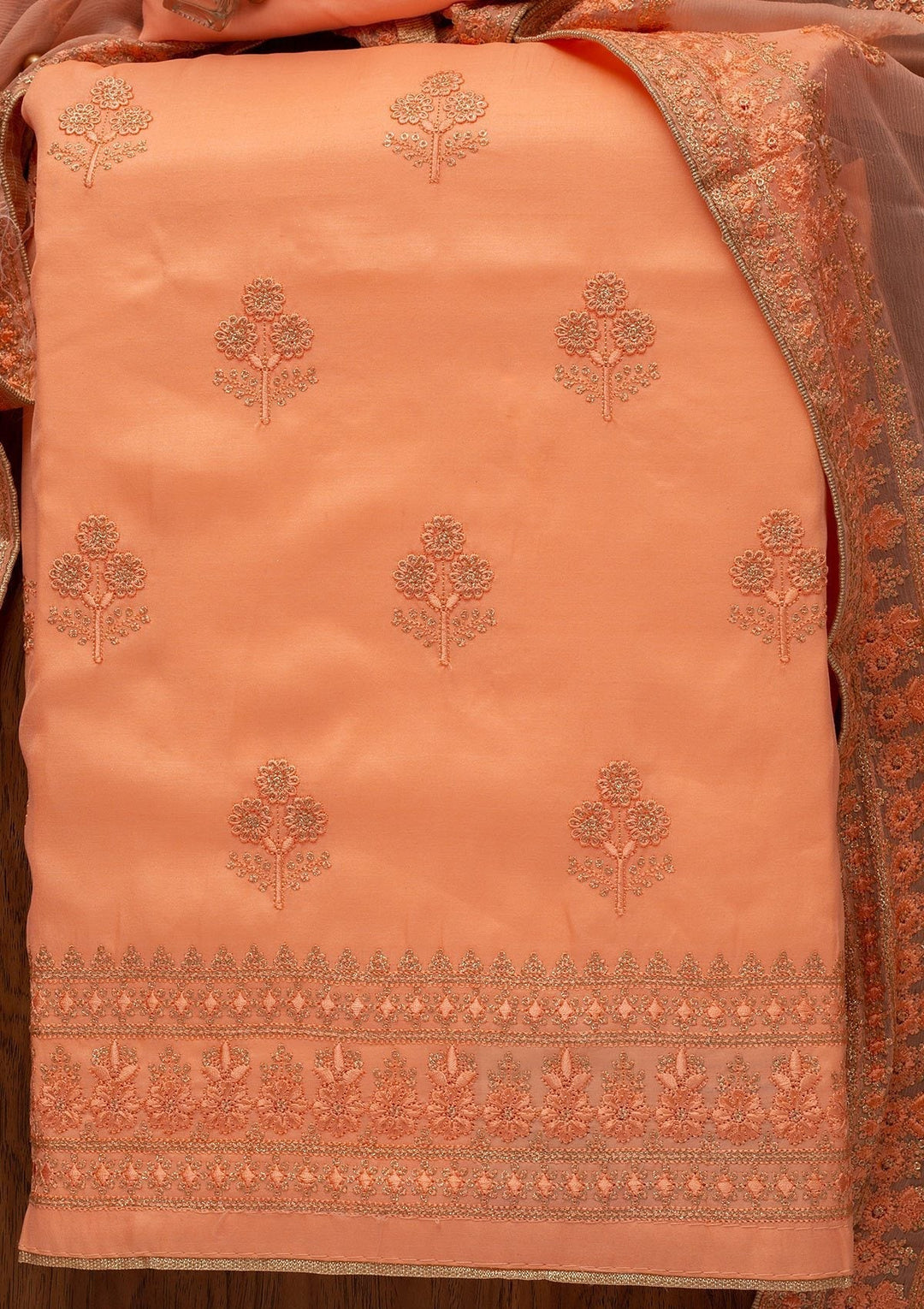 Peach Threadwork Semi Crepe Designer Unstitched Salwar Suit - koskii