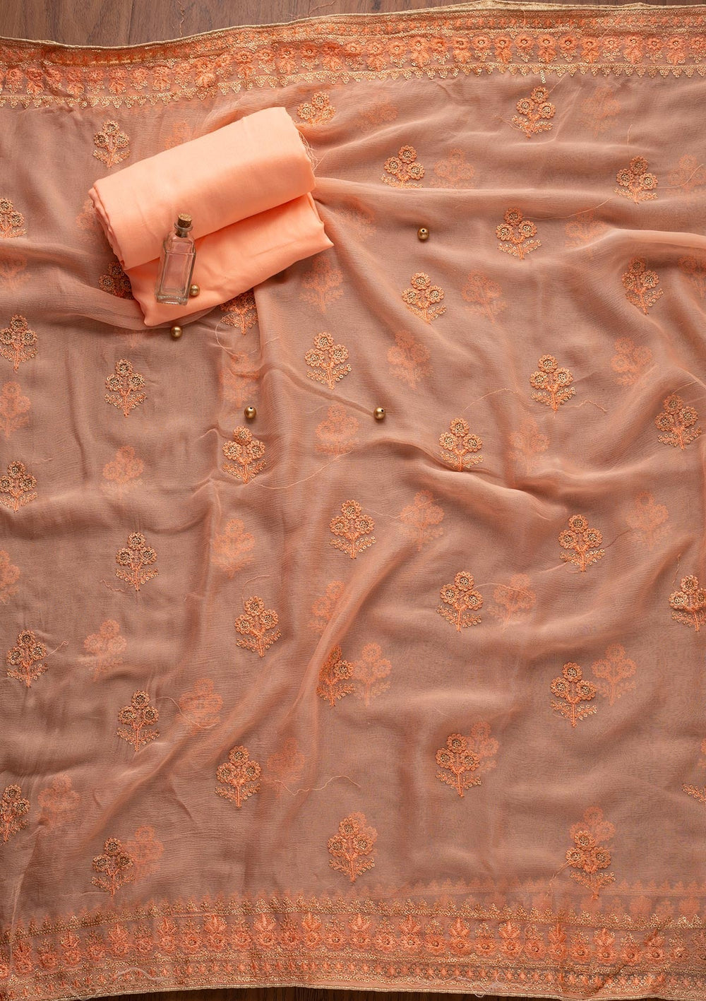 Peach Threadwork Semi Crepe Designer Unstitched Salwar Suit - koskii