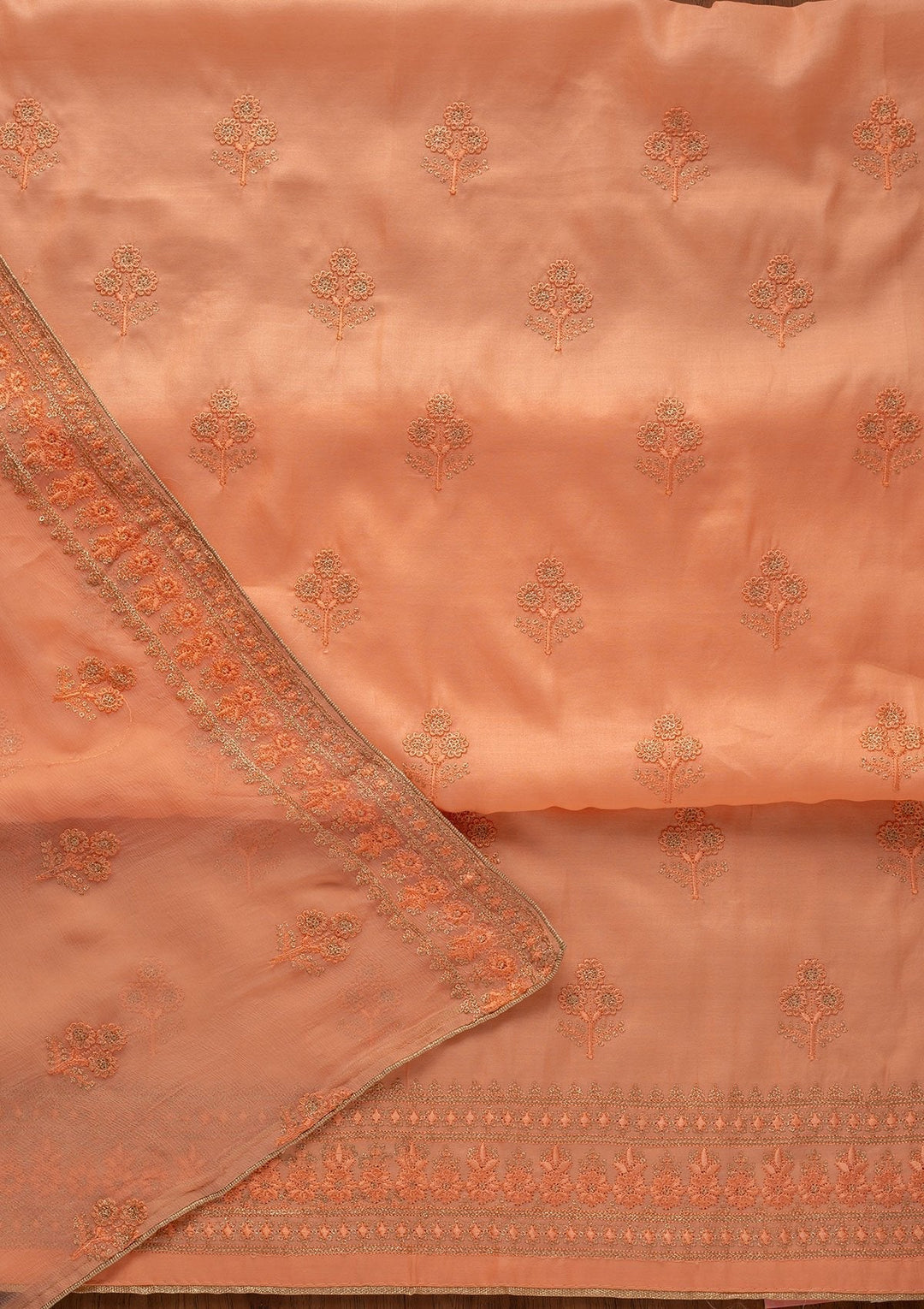Peach Threadwork Semi Crepe Designer Unstitched Salwar Suit - koskii
