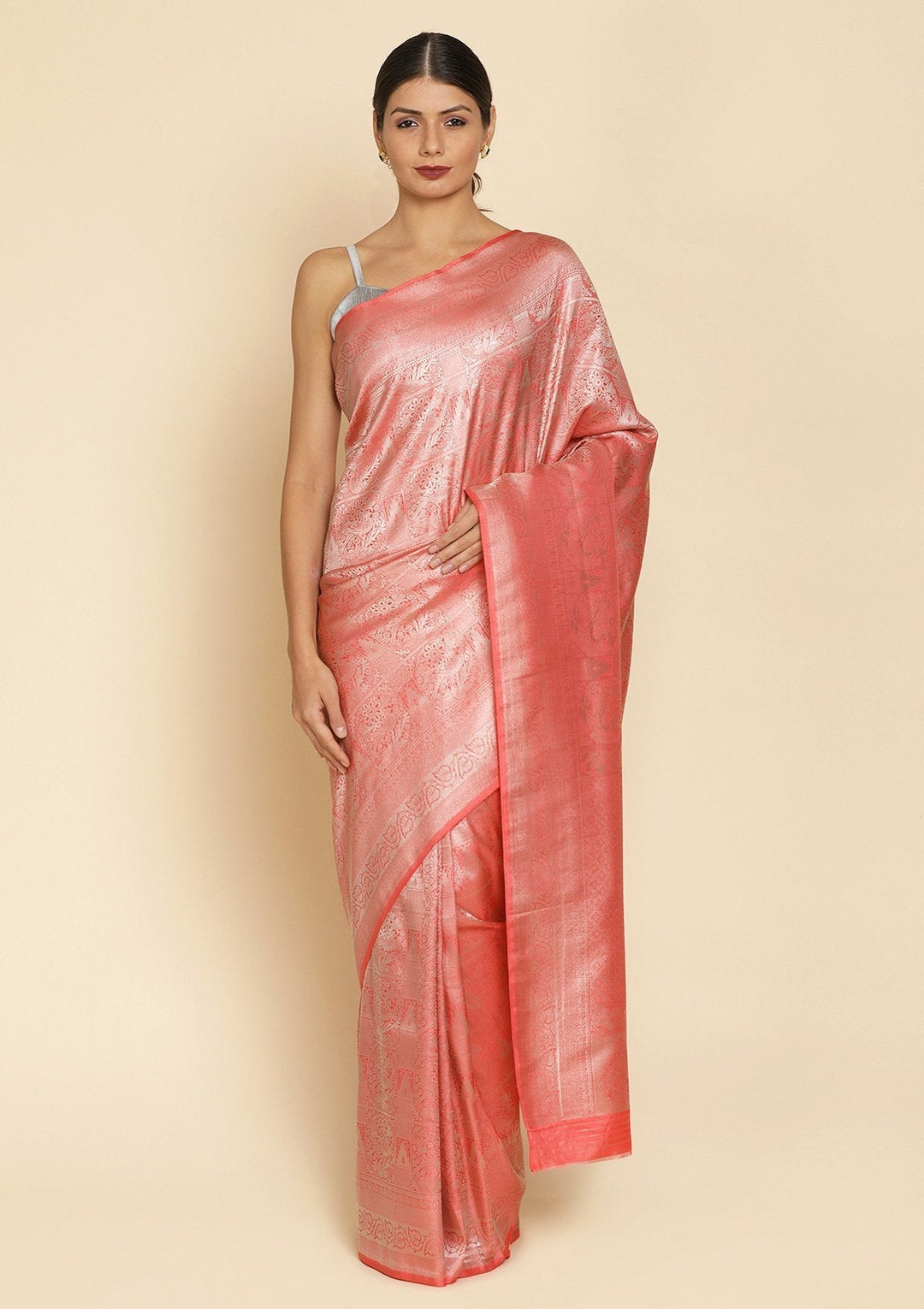 Peach Zariwork Art Silk Designer Saree - koskii
