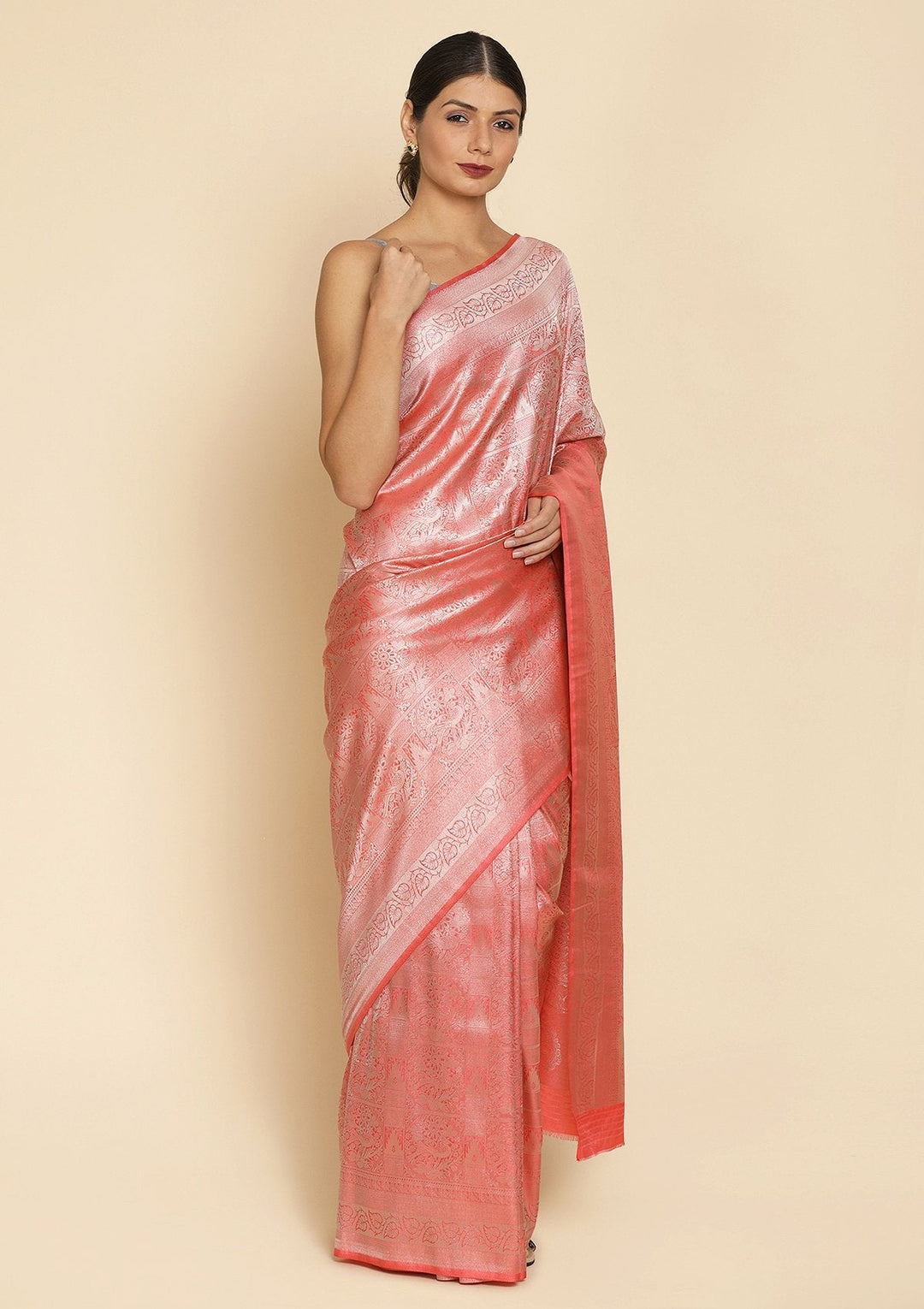 Peach Zariwork Art Silk Designer Saree - koskii