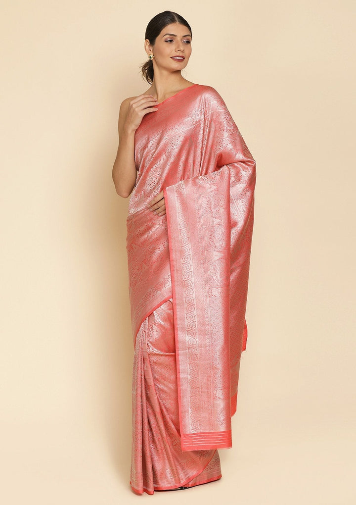 Peach Zariwork Art Silk Designer Saree - koskii