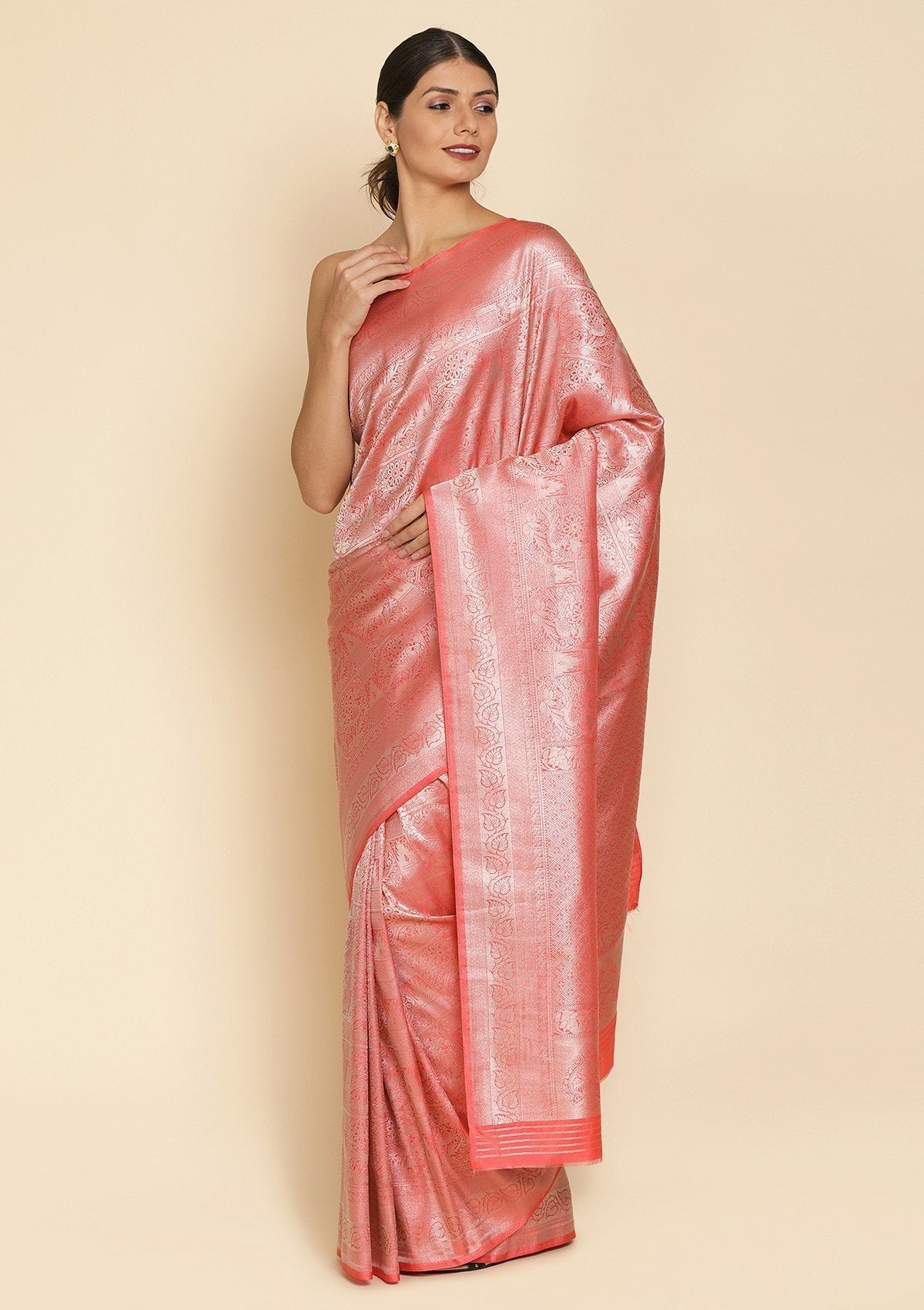 Peach Zariwork Art Silk Designer Saree - koskii