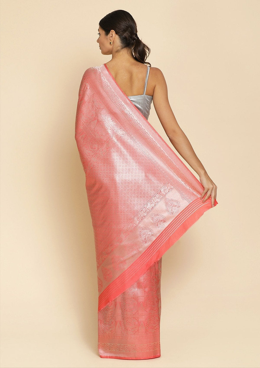Peach Zariwork Art Silk Designer Saree - koskii