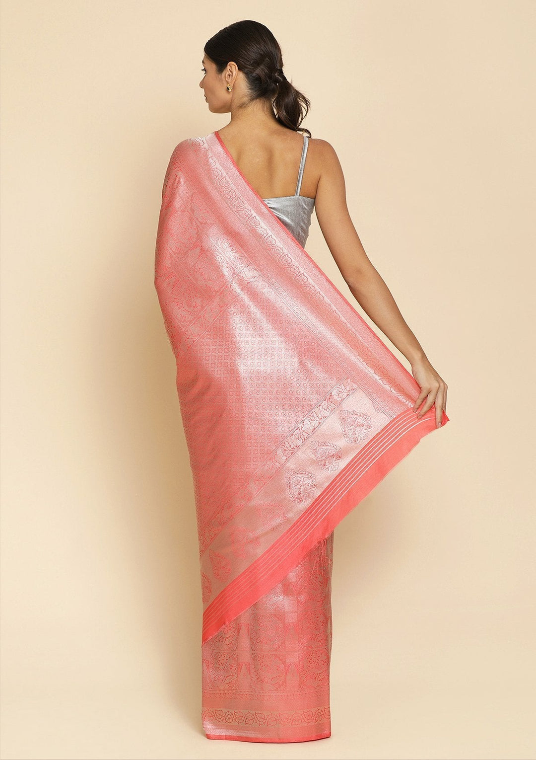 Peach Zariwork Art Silk Designer Saree - koskii
